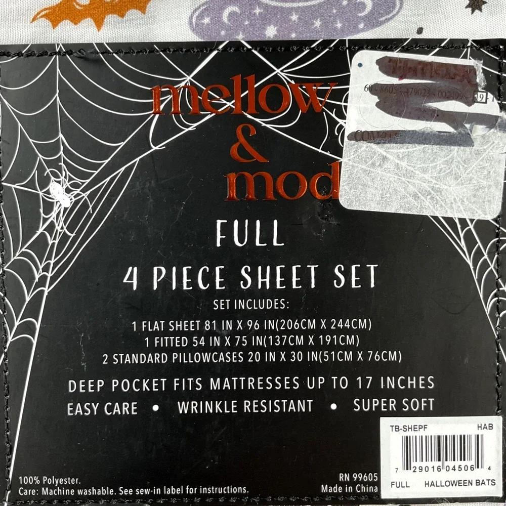 Mellow & Mod Halloween Full Sheet Set 4pc Witch Hat Bats Stars Purple Orange NEW